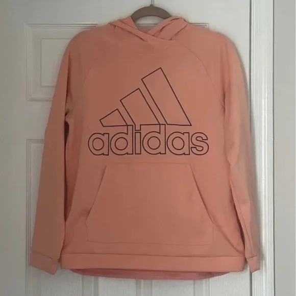 Women Adidas Climawarm Pull Over Hoodie Peach Pink Size Medium Excellent - Picture 2 of 6
